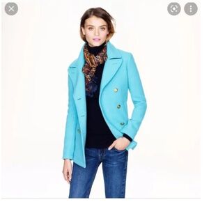 J. Crew Stadium Cloth Double Breasted Majesty Pea Coat, Size 2, Turquoise